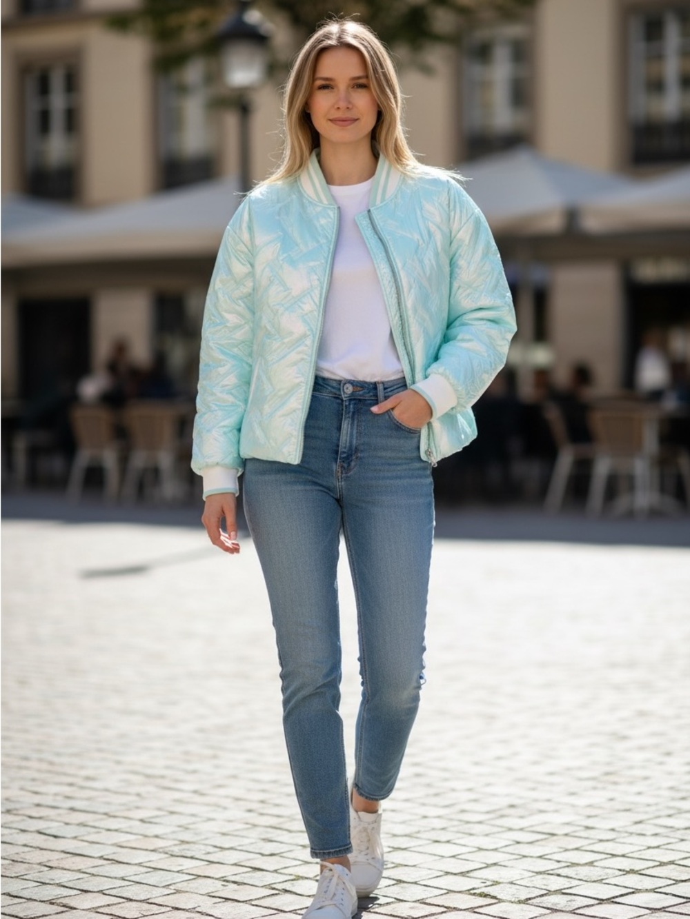 Light Iridescent Aqua Quilted Bomber Jacket - Women's
